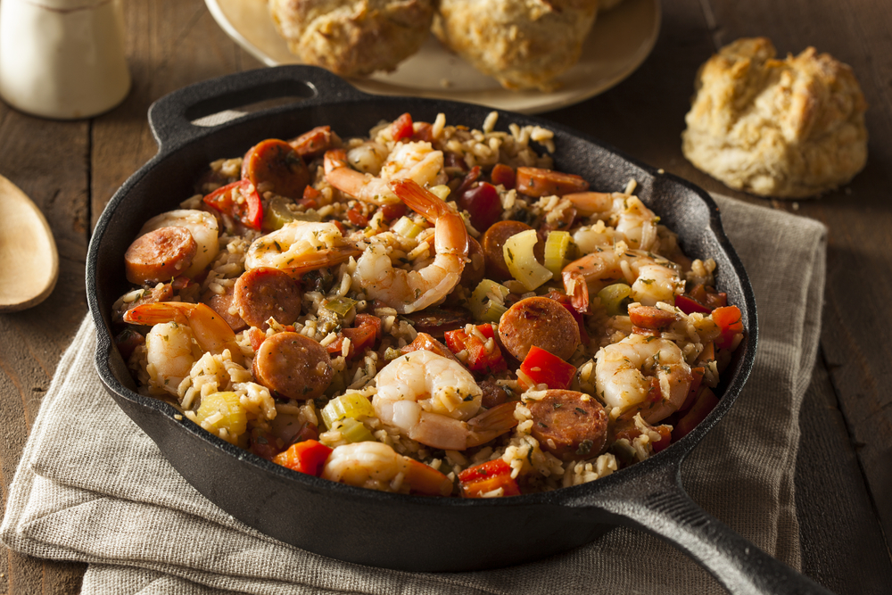 Spicy,homemade,cajun,jambalaya,with,sausage,and,shrimp