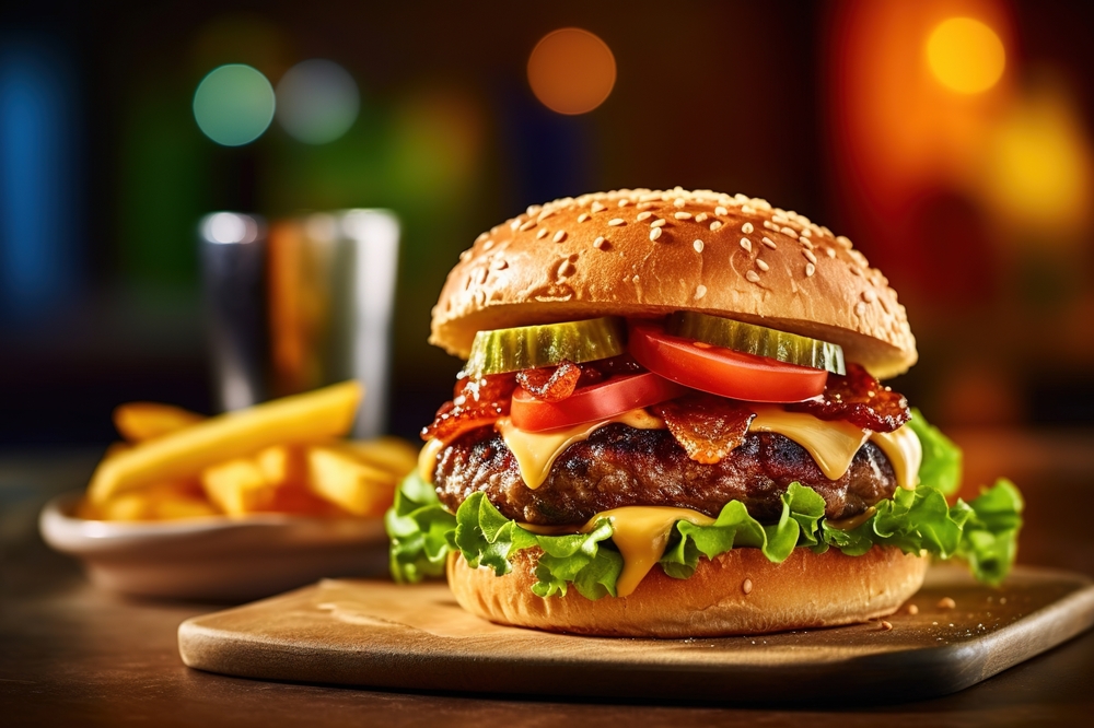 Burger,with,tomateoes,lettuce,and,pickles,on,a,wooden,plate